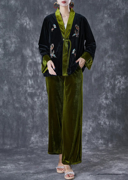 Blackish Green Embroideried Patchwork Silk Velour Two Pieces Set Fall