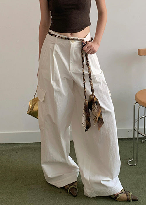 White Pockets High Waist Cotton Wide Leg Pants Fall