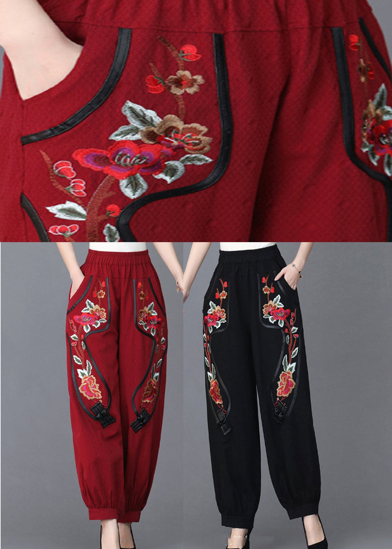 Loose Red Embroideried Pockets Linen Lantern Pants Fall