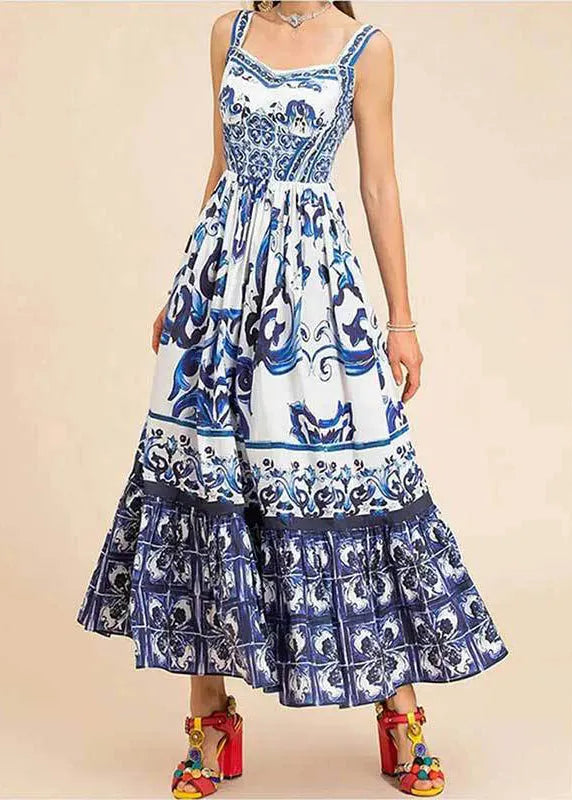 Rose Print High Waist Cotton Spaghetti Strap Dress Sleeveless