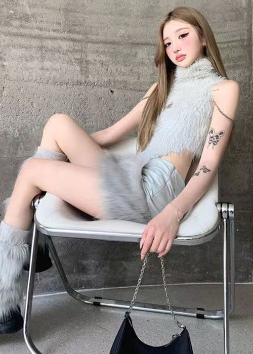 Grey Turtleneck Patchwork Tops and Skirts Knit Two Pieces Set Sleeveless