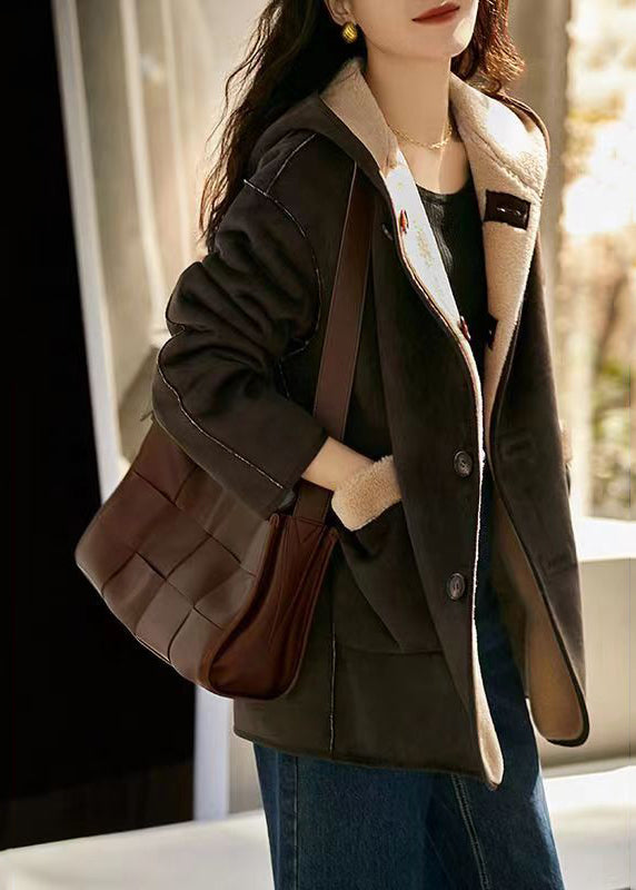 Loose Camel Hooded Pockets Patchwork Wear on Both Sides Woolen Coats Winter