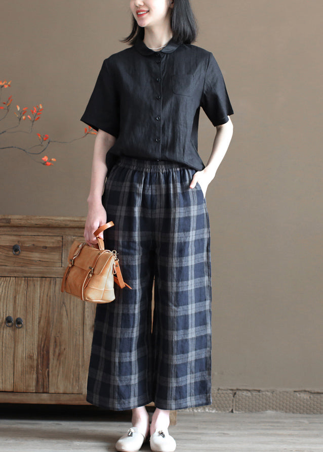Black Pocket Linen Loose Shirt Tops Peter Pan Collar Half Sleeve