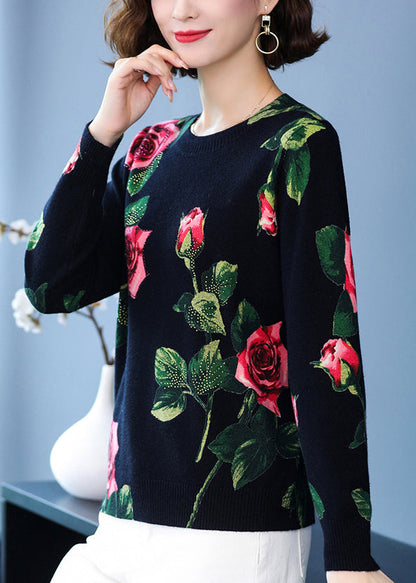 Black O Neck Print Woolen Knit Pullover Spring
