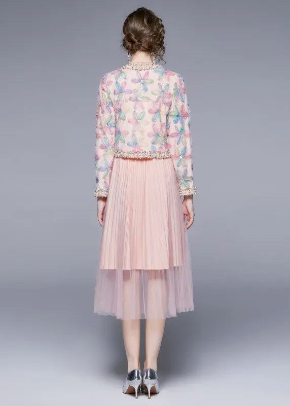 Pink O-neck Print Tulle Two Piece Suit Set Fall