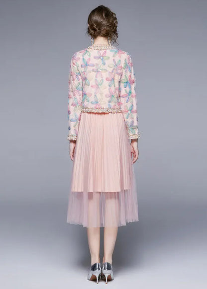 Pink O-neck Print Tulle Two Piece Suit Set Fall