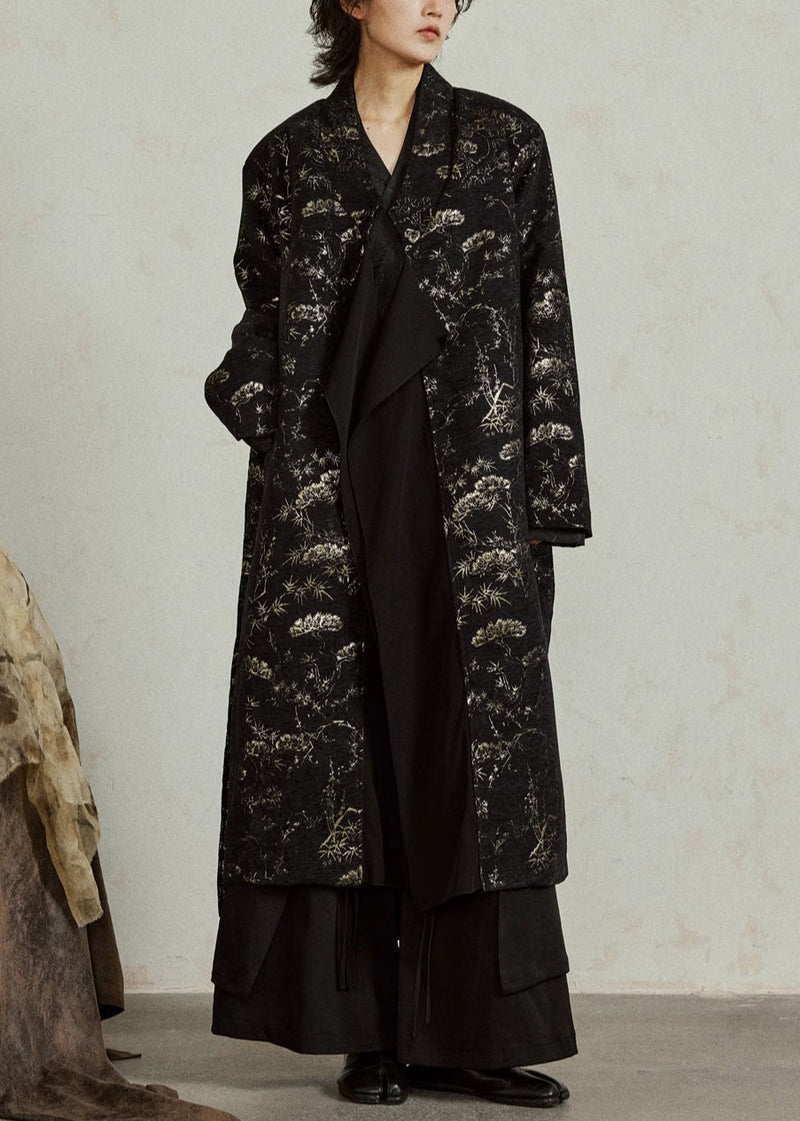 Black V Neck Tie Waist Jacquard Maxi Coats Fall