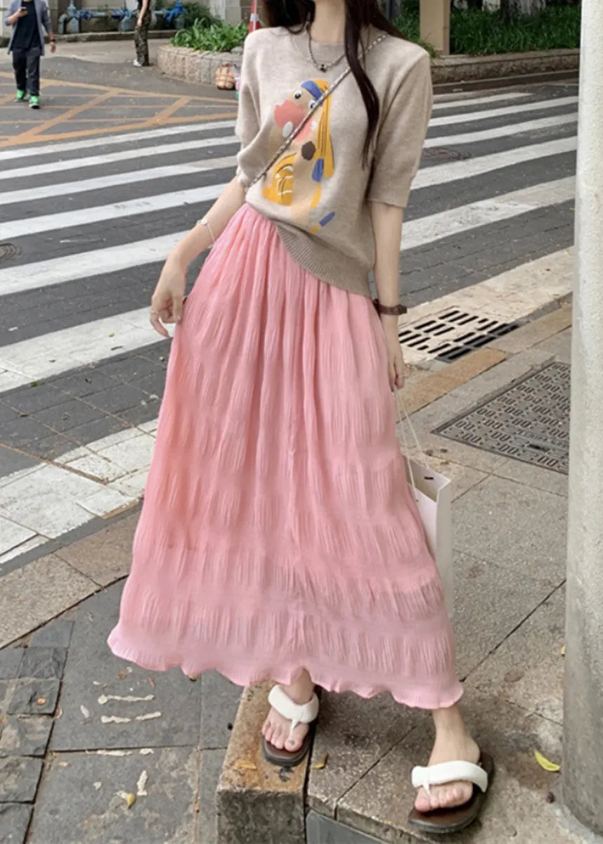 Yellow Elastic Waist Wrinkled Cotton Skirt Summer
