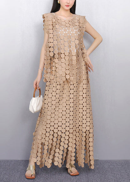 Champagne Hollow Out Lace Top and Maxi Skirts Two Pieces Set Summer