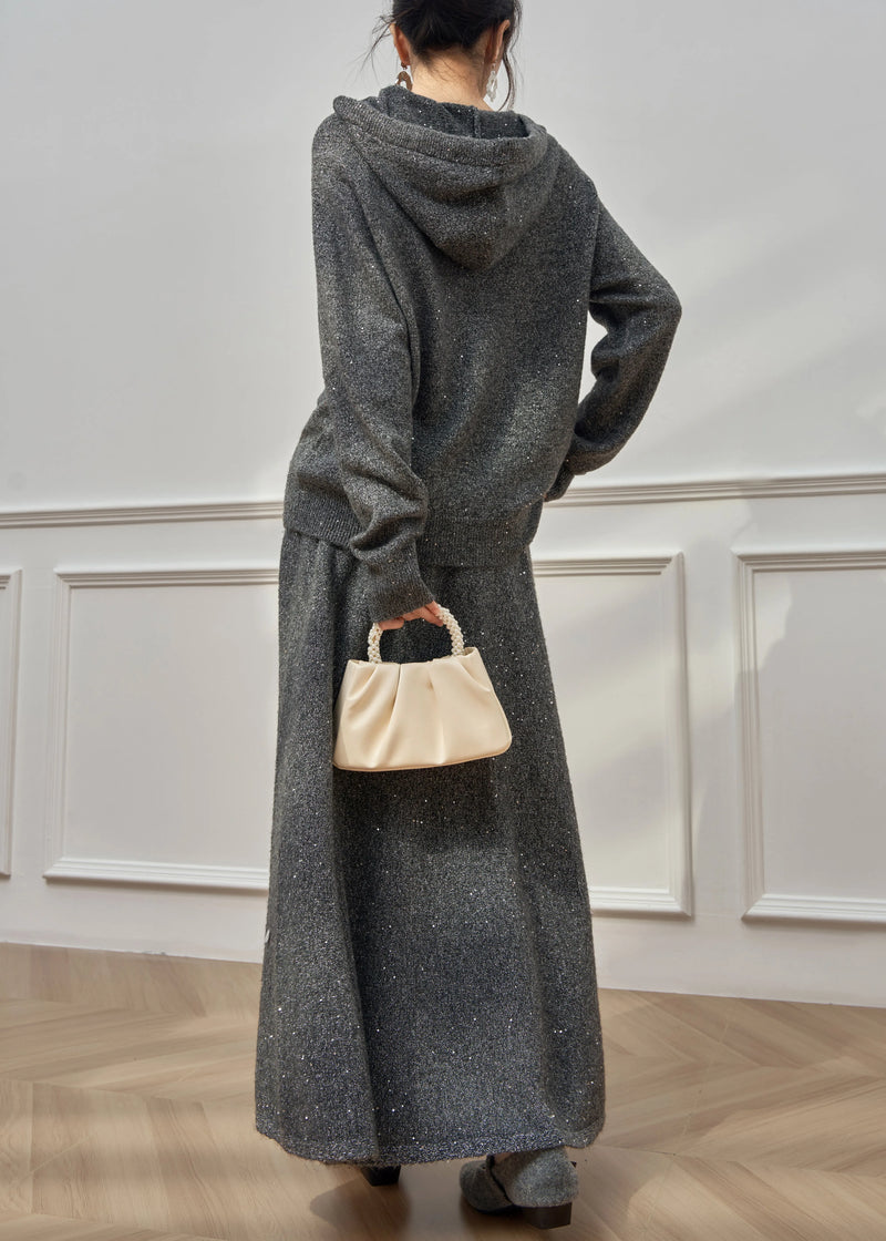 Dark Gray Hooded Sequins Knit Two Pieces Set Winter