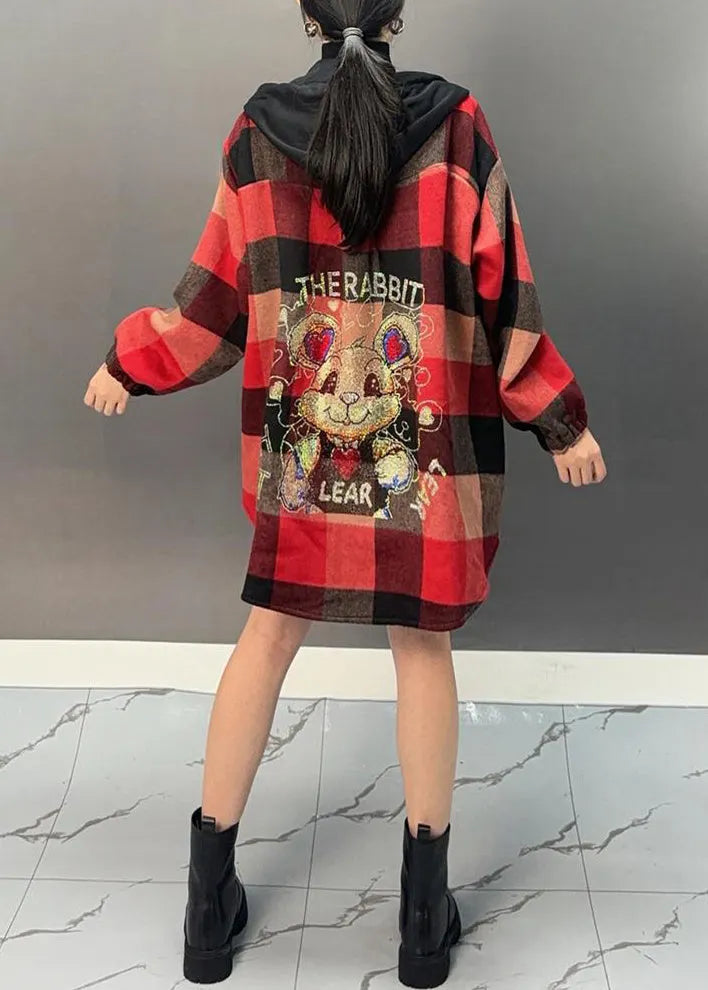 Red Plaid Asymmetrical Button Thick Woolen Hooded Coat Winter