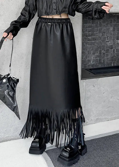 Original Design Black Pockets Patchwork Tassel Faux Leather Maxi Skirts Fall