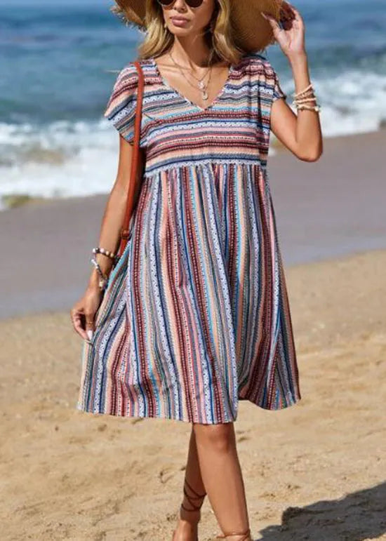 Blue V Neck Striped Cotton Mid Dress Summer