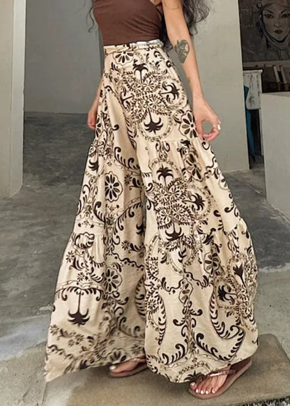 Apricot Print Pockets Cotton Wide Leg Pants Summer
