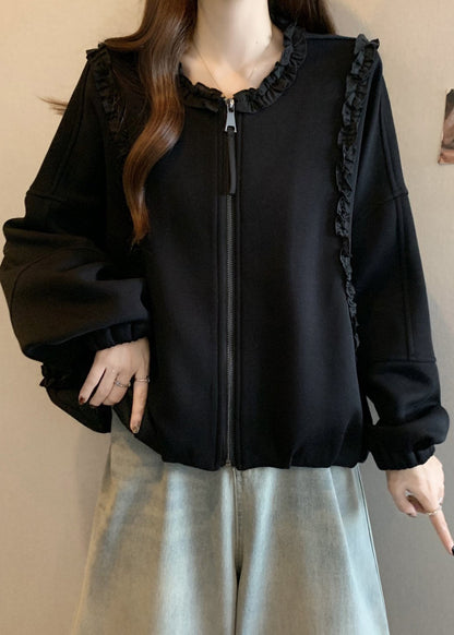 Black Zip Up Cotton Coats Ruffled Long Sleeve