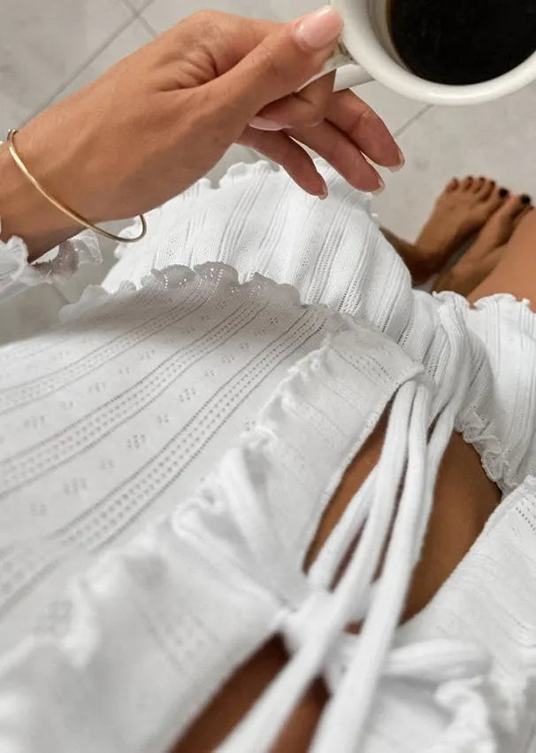 White Ruffled Lace Up Knit 2 Piece Outfit Summer