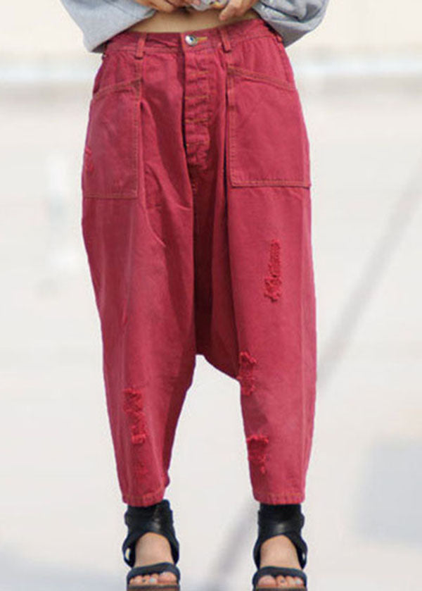 Red Pockets Patchwork Denim Harem Crop Pants Spring