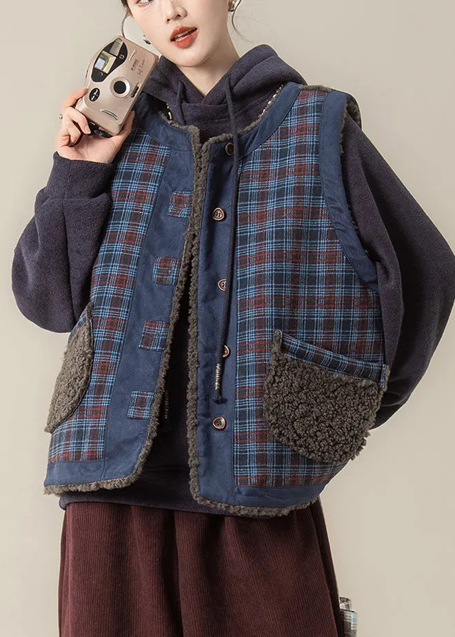 Blue Plaid O-neck Pockets Warm Faux Fur Waistcoat Winter