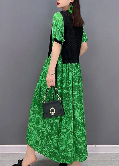 Green O-neck Print Waistcoat Patchwork Holiday Dress Short Sleeve