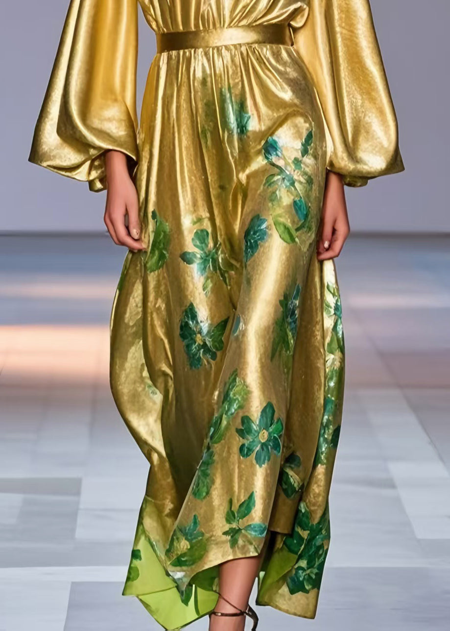 Golden Cinched Print Silk Party Dress Lantern Sleeve Spring