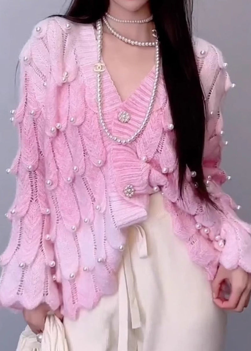 Pink Tie Dye V Neck Nail Bead Patchwork Knit Cardigan Fall