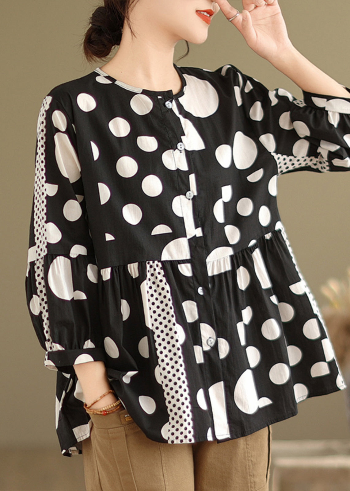 Black Dot Patchwork Button Shirt Spring