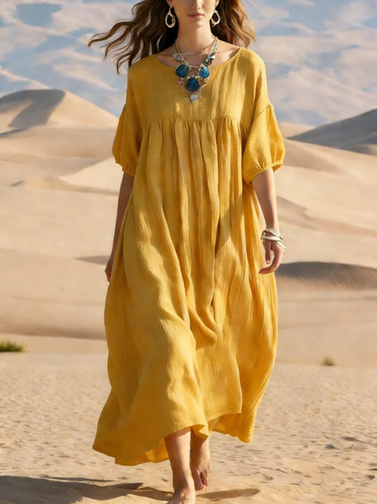 Yellow O-neck Patchwork Wrinkled Long Dresses Short Sleeve Summer
