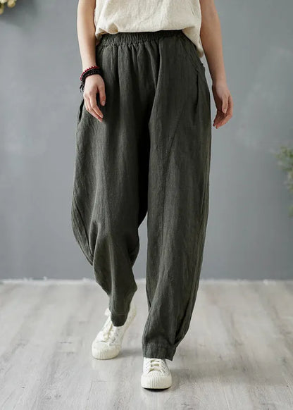 Yellow Pockets Elastic Waist Linen Pants Spring