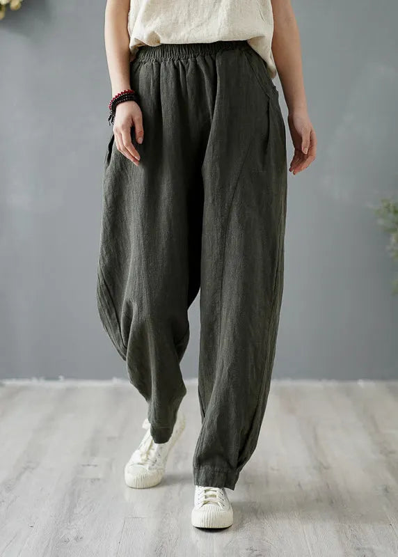 Yellow Pockets Elastic Waist Linen Pants Spring