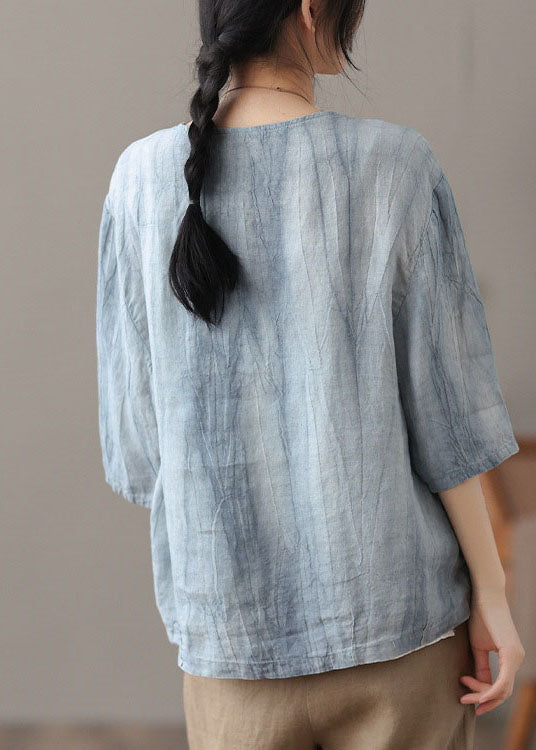 Blue O-neck Button Linen Shirt Top Bracelet Sleeve