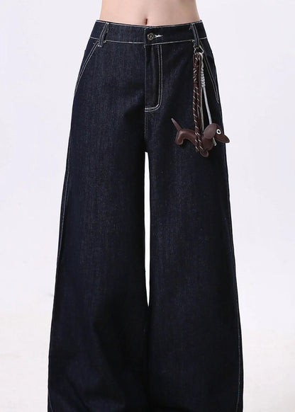 New Navy Pockets Patchwork Denim Wide Leg Pants Spring
