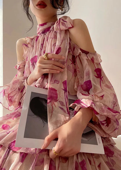 O-neck Print Chiffon Vacation Layered Mid Dress Long Sleeve