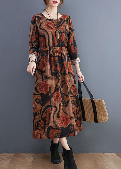 Khaki Pockets Print Cotton Holiday Dress O-neck Long Sleeve