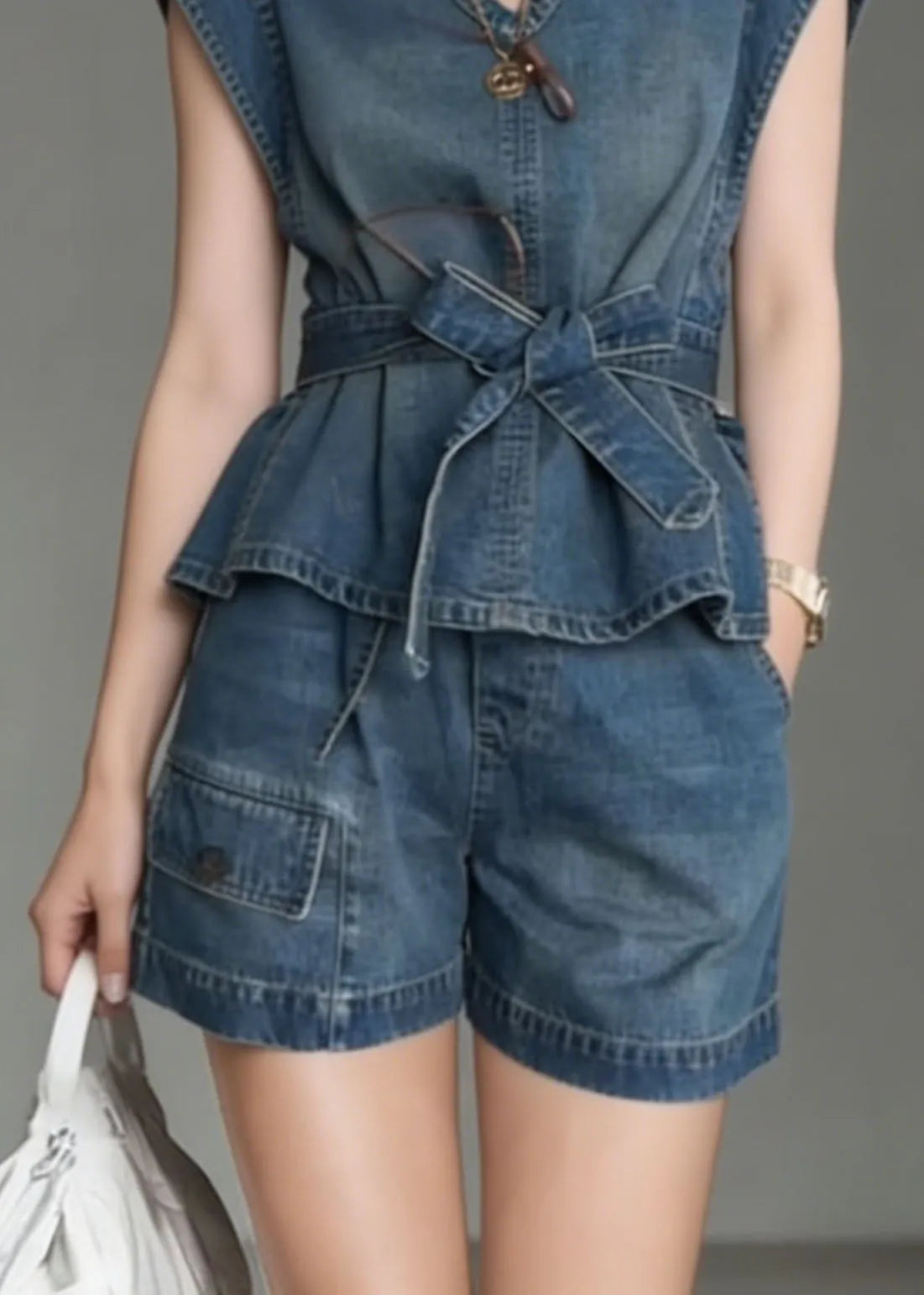 Blue V Neck Bow Denim Two Piece Set Outfits Summer