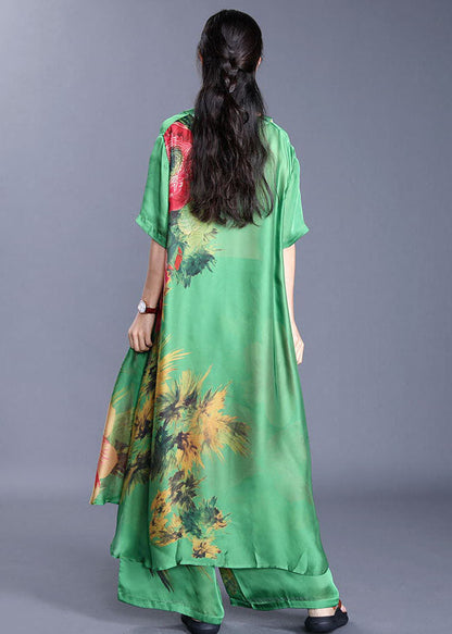 Green V Neck Print Silk Two-piece Set Short Sleeve