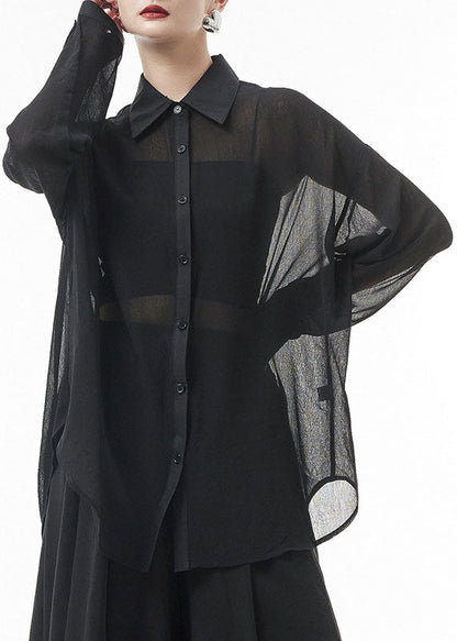 Black Button Peter Pan Collar Patchwork Tulle Shirts Spring