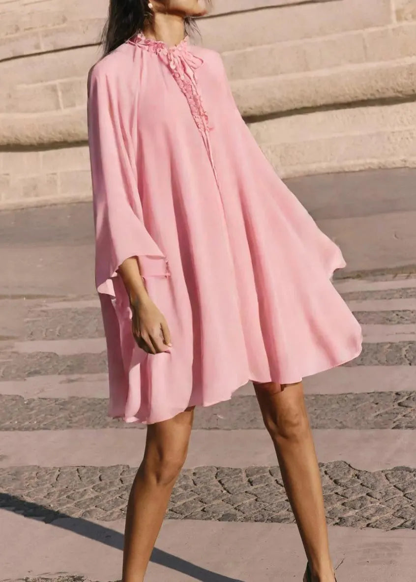 Pink Ruffled Lace Up Chiffon Mid Dress Flare Sleeve