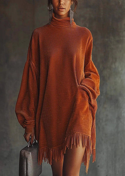 New Orange Tasseled Patchwork Corduroy Dresses Spring
