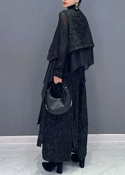 Art Black V Neck Print Waistcoat and Wide Leg Pants Two Pieces Set Fall