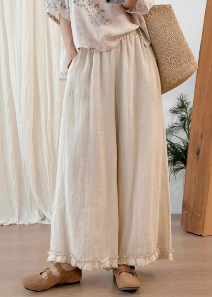 Stylish Green Ruffled Linen Wide Leg Pants Summer