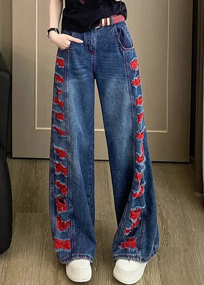 Blue Patchwork Hole Wide Leg Jeans Spring