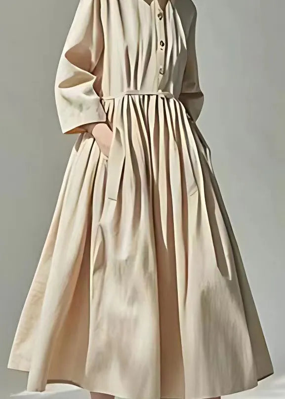 Loose Beige Peter Pan Collar Pockets Wrinkled Cotton Dress Long Sleeve