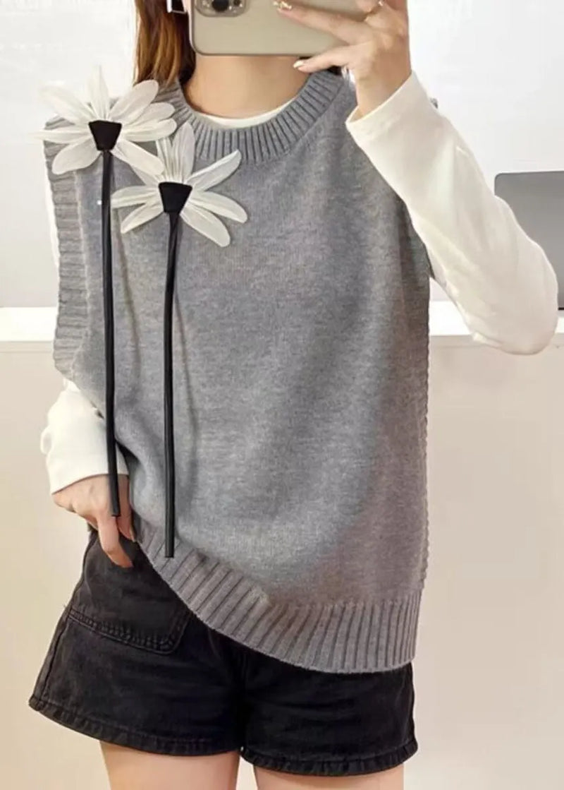 Loose Grey O-neck Knit Waistcoat Sleeveless
