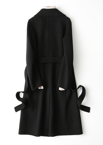 Black Notched Tie Waist Woolen Long Coats Fall
