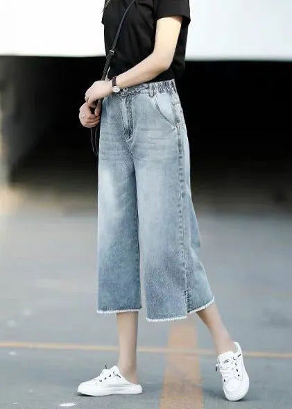 Style Light Blue Elastic Waist Denim Crop Straight Pants Trousers Summer