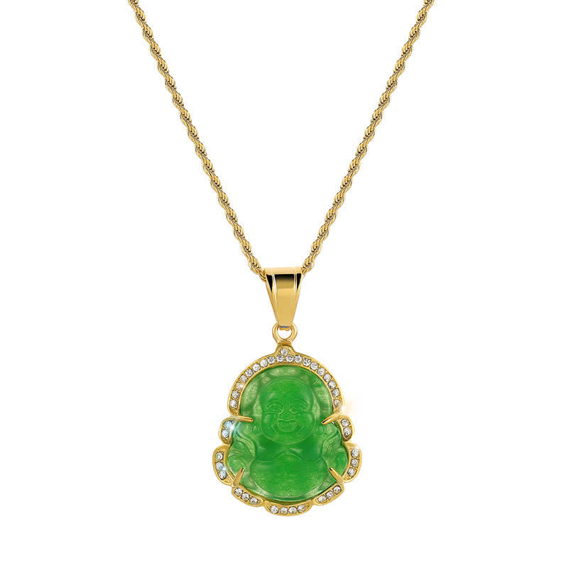 Buddha Stones 18k Gold Filled Laughing Buddha Jade Luck Necklace Chain Pendant