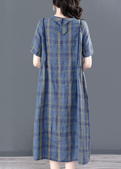 Blue O-neck Plaid Wrinkled Pockets Cotton Cinch Dress Short Sleeve