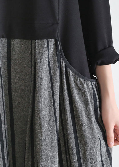 Black Striped Pockets Patchwork Linen Holiday Dress Long Sleeve