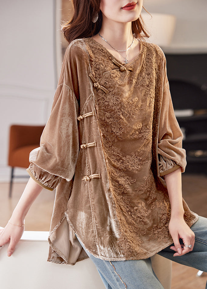 Coffee Lace Patchwork Side Open Silk Velour Shirt Spring