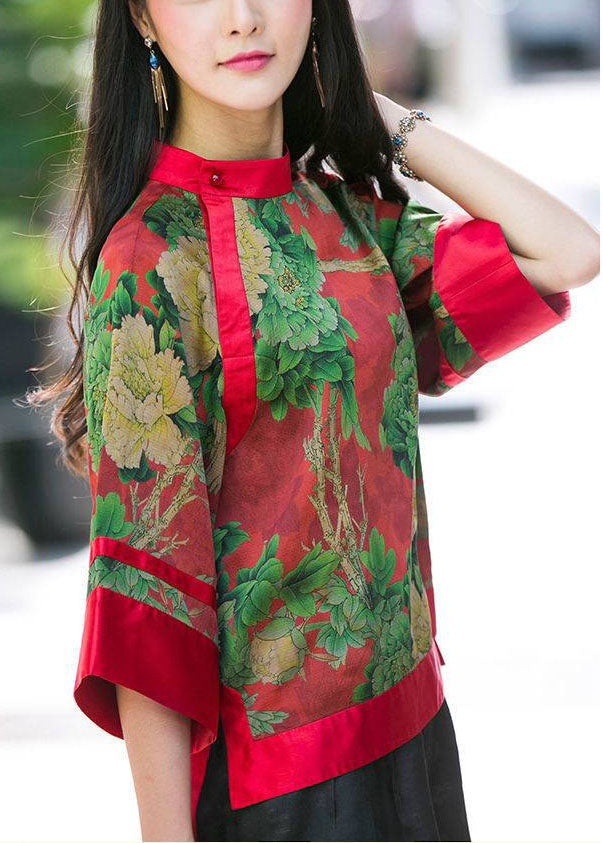 Red Button Stand Collar Print Silk Tops Half Sleeve